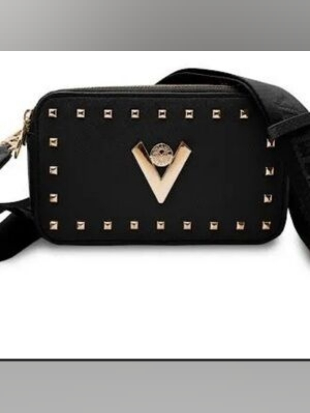 NEW! Valentino Orlandi Black Studded Crossbody Bag with Gold V Emblem